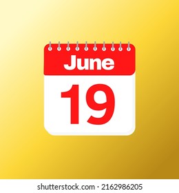 Day 19 of June month with red calendar design and yellow background with 3d shadow