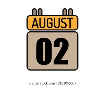 Day 2 August calendar icon. Calendar vector for August days isolated on white background.