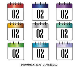 day 2. blue, red, gray, gold, green, purple and silver calendar icons. colorful calendar sets for days of the month