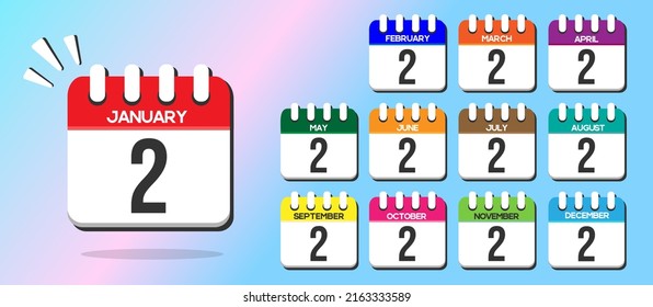 Day 2. Calendars with the 1st of each month, in vector and different colors