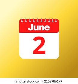 Day 2 of June month with red calendar design and yellow background with 3d shadow
