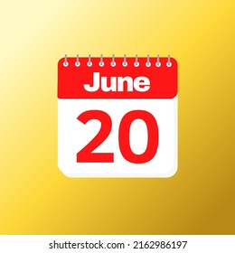 Day 20 of June month with red calendar design and yellow background with 3d shadow