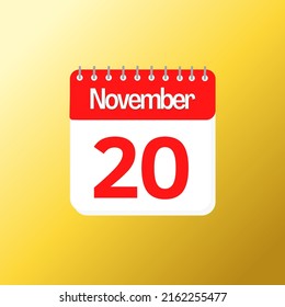 Day 20 of November month with red calendar design and yellow background with 3d shadow