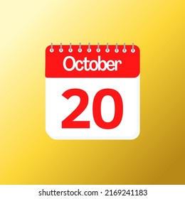 Day 20 of October  month with red calendar design and yellow background with 3d shadow, vector illustration 