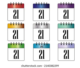 day 21. blue, red, gray, gold, green, purple and silver calendar icons. colorful calendar sets for days of the month