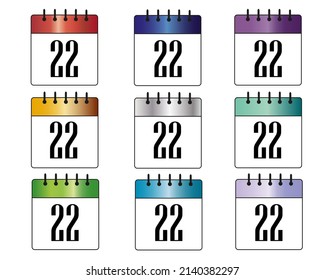 day 22. blue, red, gray, gold, green, purple and silver calendar icons. colorful calendar sets for days of the month