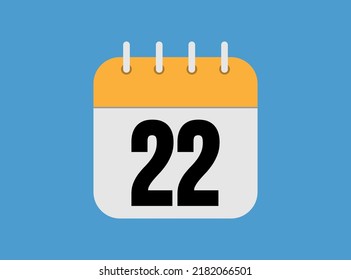 Day 22 calendar icon. Orange Calendar Page on Blue Background. Simple vector illustration.