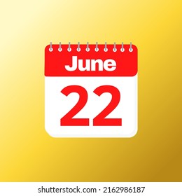 Day 22 of June month with red calendar design and yellow background with 3d shadow