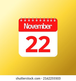Day 22 of November month with red calendar design and yellow background with 3d shadow