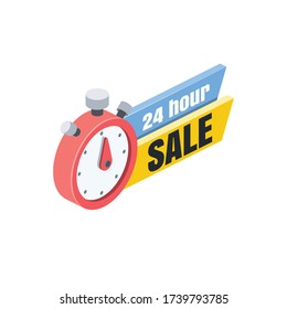Day 24h sale label. Vector 3d isometric, color web icon, new flat style. Creative illustration design, isolated graphic idea for infographics.