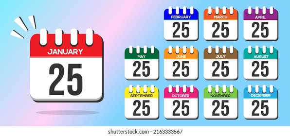 Tag 25. Kalender mit dem 1. jedes Monats, in Vektorgrafik und verschiedenen Farben