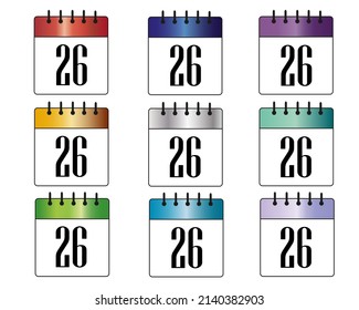 day 26. blue, red, gray, gold, green, purple and silver calendar icons. colorful calendar sets for days of the month