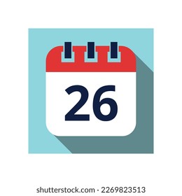 Day 26. Flat daily calendar icon in vector. Scheduled date, day of the month. Holiday. Season.