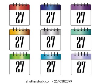 Tag 27. Blau-, Rot-, Grau-, Gold-, Grün-, Violett- und Silber-Kalendersymbole. bunter Kalender für die Tage des Monats