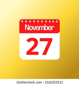 Day 27 of November month with red calendar design and yellow background with 3d shadow