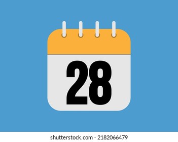 Day 28 calendar icon. Orange Calendar Page on Blue Background. Simple vector illustration.