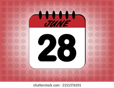 Day 28 June calendar. Banner with calendar page template for june days in red color with polka dot background