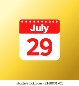 Día 29 del mes de julio con diseño de calendario rojo y fondo amarillo con ilustración vectorial de sombra 3d 