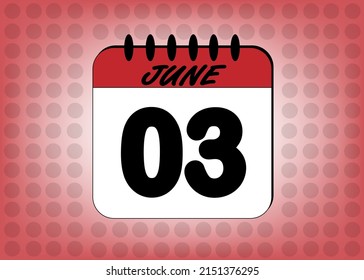 Day 3 June calendar. Banner with calendar page template for june days in red color with polka dot background