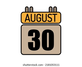 Day 30 August calendar icon. Calendar vector for August days isolated on white background.