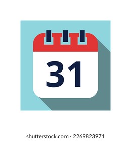 Día 31. Icono de calendario diario plano en vector. Fecha programada, día del mes. Vacaciones. Temporada.