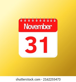 Day 31 of November month with red calendar design and yellow background with 3d shadow