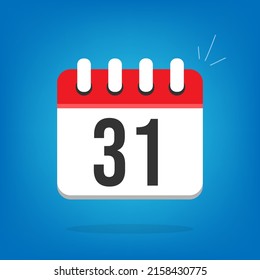 Día 31, treinta y uno. Calendario vectorial, aparición en caricatura. Icono de calendario resaltado con el día