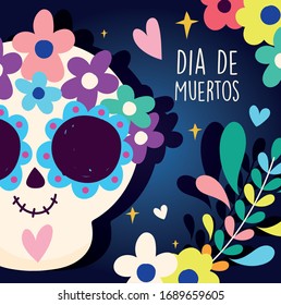 Day 33of the dead catrina skull with branches and flowers, heart decoration.  Traditional mexican celebration vector illustration