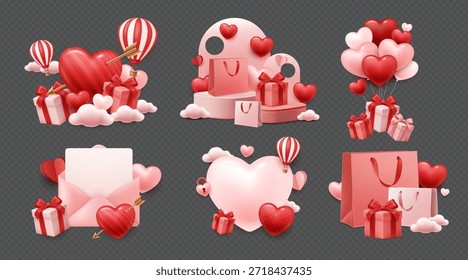 Colección de Elementos 3D del día de San Valentín con corazones, regalos y decoraciones románticas en el fondo