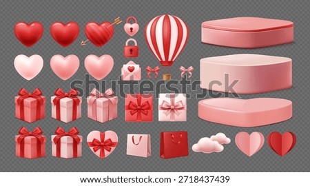 Valentine’s Day 3D Elements Set with Hearts, Gift Boxes, Balloons and Romantic Decorations