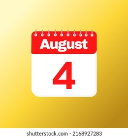 Day 4 of August month with red calendar design and yellow background with 3d shadow vector illustration 