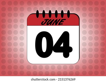 Day 4 June calendar. Banner with calendar page template for june days in red color with polka dot background