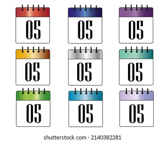 día 5. iconos azules, rojos, grises, dorados, verdes, morados y plateados del calendario. juegos de calendario coloridos para los días del mes