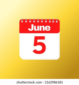 Day 5 of June month with red calendar design and yellow background with 3d shadow