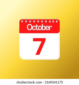 Tag 7. Oktober Monat mit rotem Kalenderdesign und gelbem Hintergrund mit 3D-Schatten, Vektorgrafik 