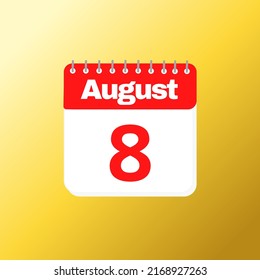 Day 8 of August month with red calendar design and yellow background with 3d shadow vector illustration 