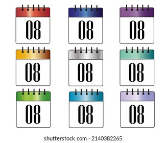 Tag 8. Blau-, Rot-, Grau-, Gold-, Grün-, Violett- und Silber-Kalendersymbole. bunter Kalender für die Tage des Monats