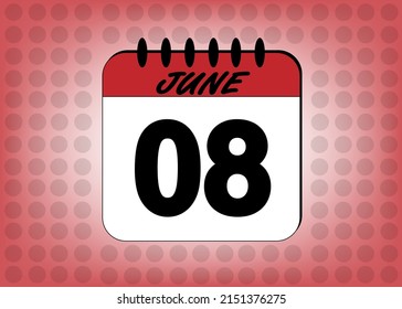 Day 8 June calendar. Banner with calendar page template for june days in red color with polka dot background