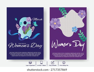 Dia da Mulher 8 de março A4 Flyer Poster Template e Folheto Folheto Capa com Ilustração Vetorial Floral Moderna, Silhueta Artista Feminina de Rosto, Design de Celebração Corporativa