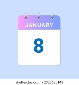Day of 8th January Daily calendar of january month on white paper note. vector
