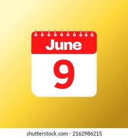 Day 9 of June month with red calendar design and yellow background with 3d shadow