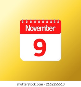Day 9 of November month with red calendar design and yellow background with 3d shadow