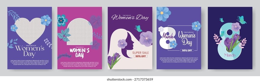 Día de la Mujer A4 folleto y cartel paquete de Plantilla con el folleto de 8 de marzo cubre el Paquete, los fondos florales suaves de la Ilustración vectorial fijados y las colecciones abstractas del diseño de la silueta de la cara femenina
