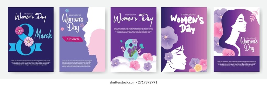 Women’s Day A4 flyer poster templates pack with 8 March leaflet brochure covers, floral vector illustration backgrounds and elegant female face silhouette design bundle for advertising