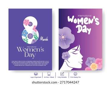 Día de la Mujer A4 Imprimir Flyer Diseño de la Plantilla del cartel con la cubierta del folleto del 8 de marzo, fondo floral de la Ilustración vectorial, silueta de la cara femenina, día de la mujer moderna Promoción de marketing