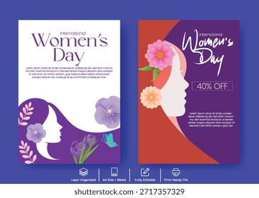 Día de la Mujer A4 Imprimir Flyer Diseño de la Plantilla del cartel con la cubierta del folleto de 8 de marzo, Fondo de Ilustración vectorial floral, Silueta de la cara femenina, Diseño moderno de promoción de marketing