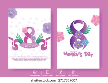 Día de la Mujer A4 Imprimir Flyer Póster y folleto Cubierta de folleto Plantillas con Ilustración vectorial floral suave 8 y diseño artístico moderno del cartel del día de la mujer