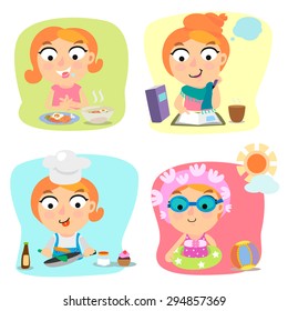 Day activities such as eat, hungry, read, work, cooking write and swimming.