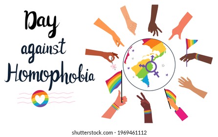 Day against homophobia lettering poster.Pride month.LGBTQ concept. Hands different ethnicities in various gestures are around Planet Earth.Rainbow flags.Our unity in diversity.Respect and protect love