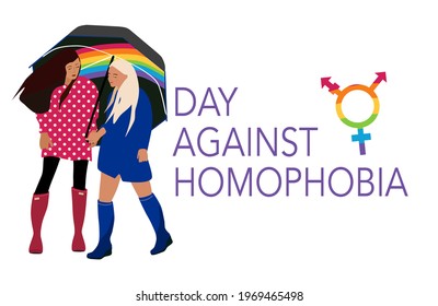 Day against homophobia poster. Pride month. LGBTQ concept. Lesbian couple is under rainbow umbrella.Two girls are hugging.Vector illustration. Love between women, romantic date.